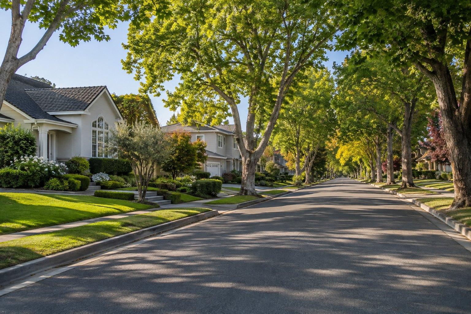 A tree-lined San Mateo County, Peninsula residential street, illustrative