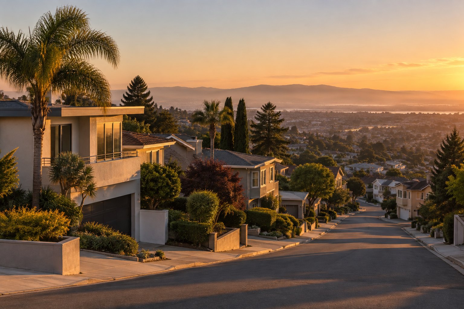 A San Mateo County, Peninsula neighborhood street at golden hour, illustrative
