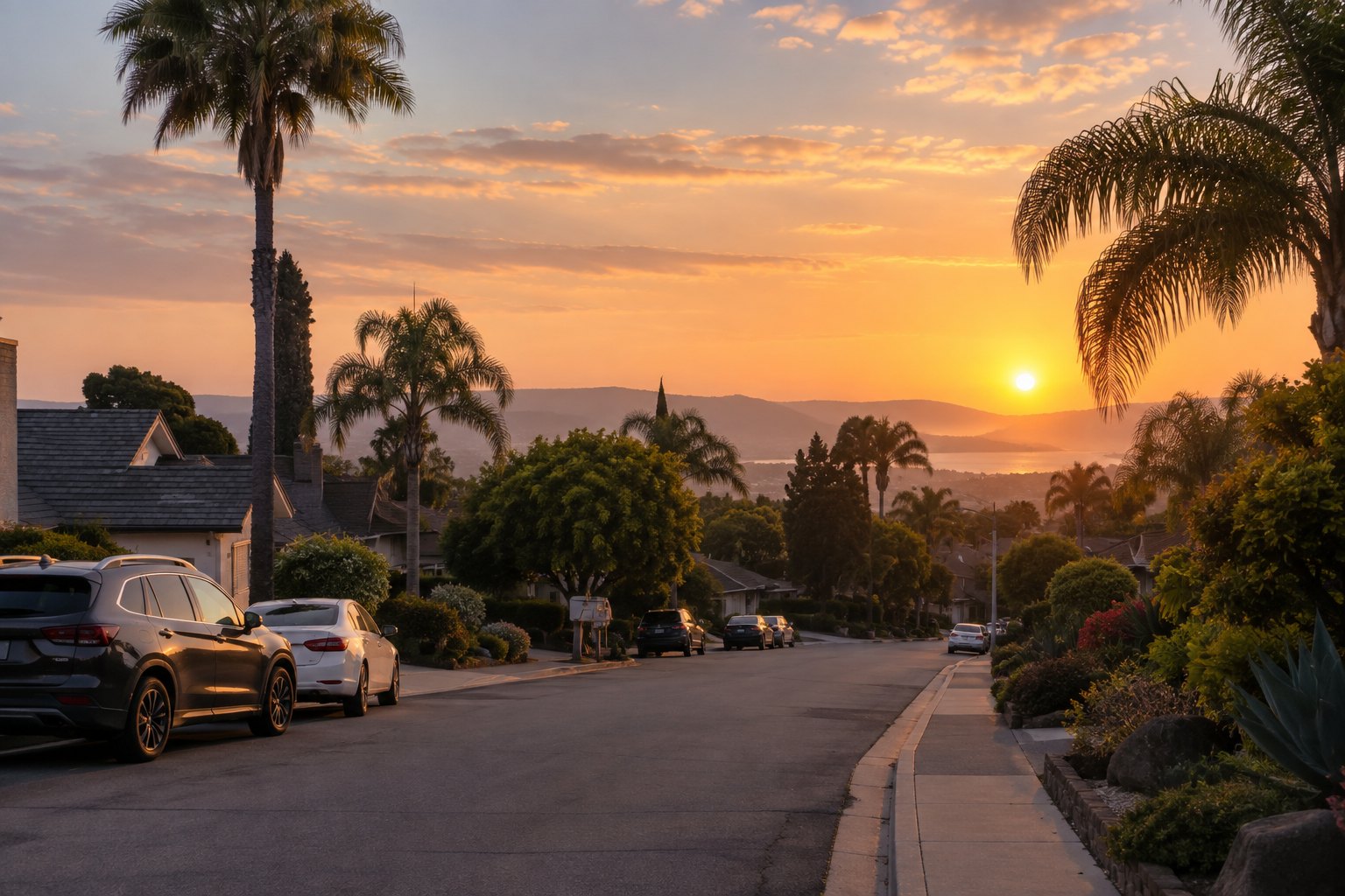 A Peninsula, Bay Area street at sunset, illustrative