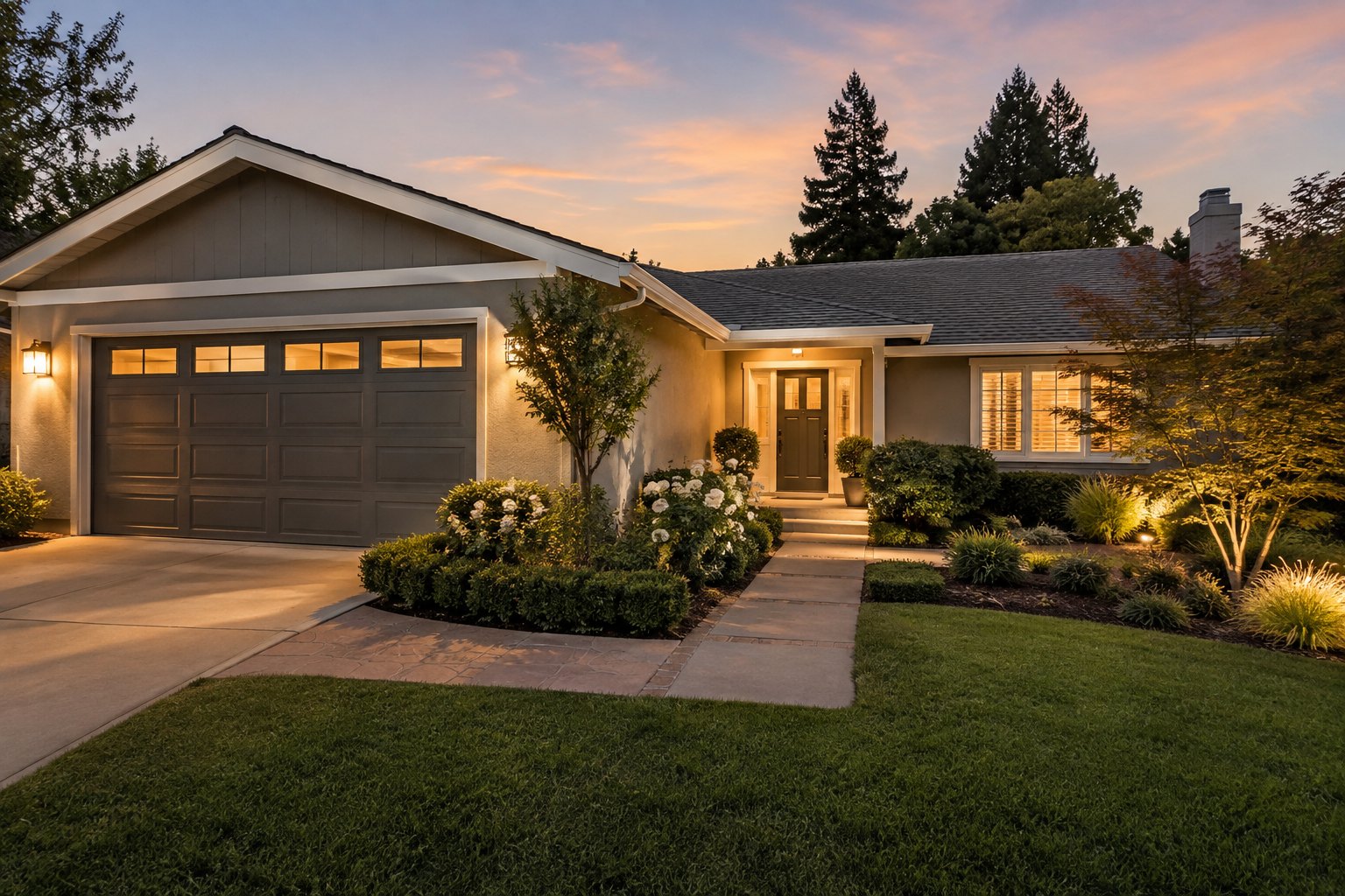 A Peninsula, Bay Area home exterior at dusk, illustrative