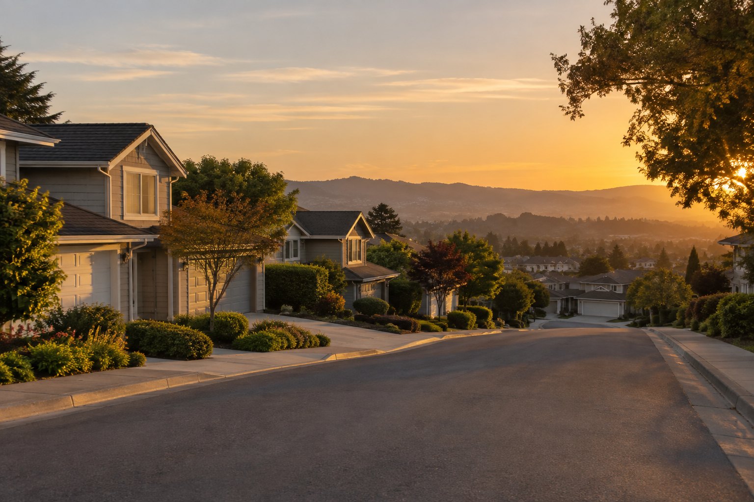 A San Mateo County, Peninsula neighborhood street at golden hour, illustrative